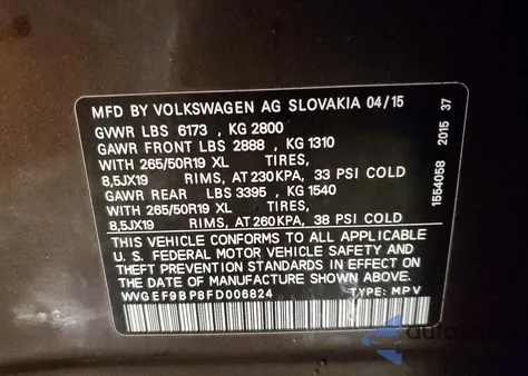 2015 Volkswagen Touareg V6 from USA, damaged, VIN WVGEF9BP8FD006824